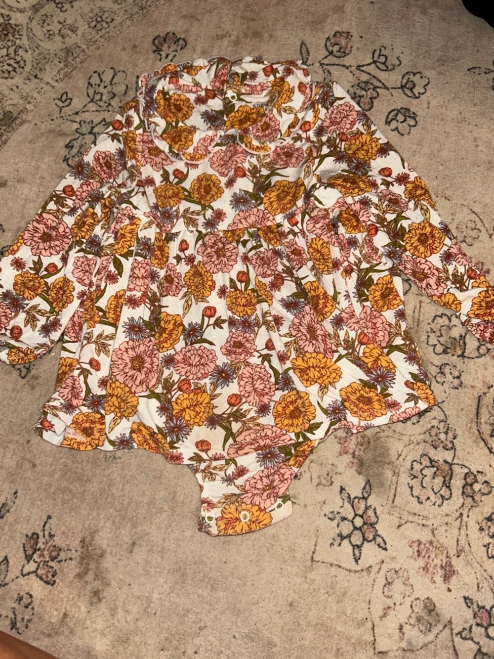 Angel Dear Floral Long-Sleeve Bodysuit Dress - Pink, Mustard & Cream